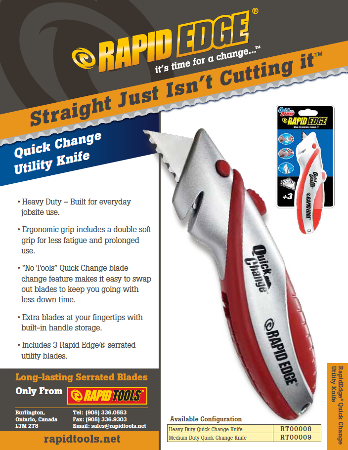 Rapid Edge Easy Change Heavy-Duty Utility Knife with Soft Comfort Grip,  String Cutter and 3 Rapid Edge Serrated Razor Knife Blades (Bundle (1-Pack  + 5